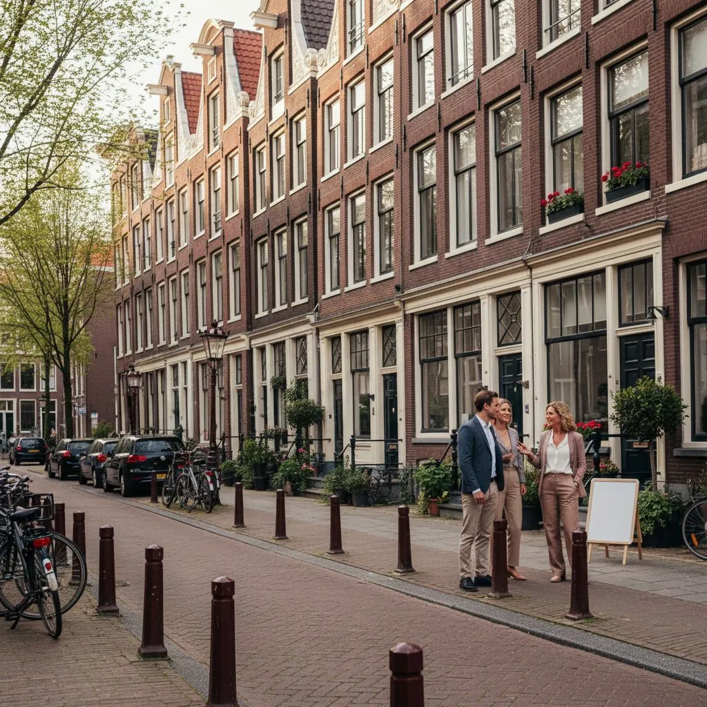 Een verkoopster laat een stel haar Amsterdamse grachtenpand zien, in een rustige straat vol voorjaarsgroen.