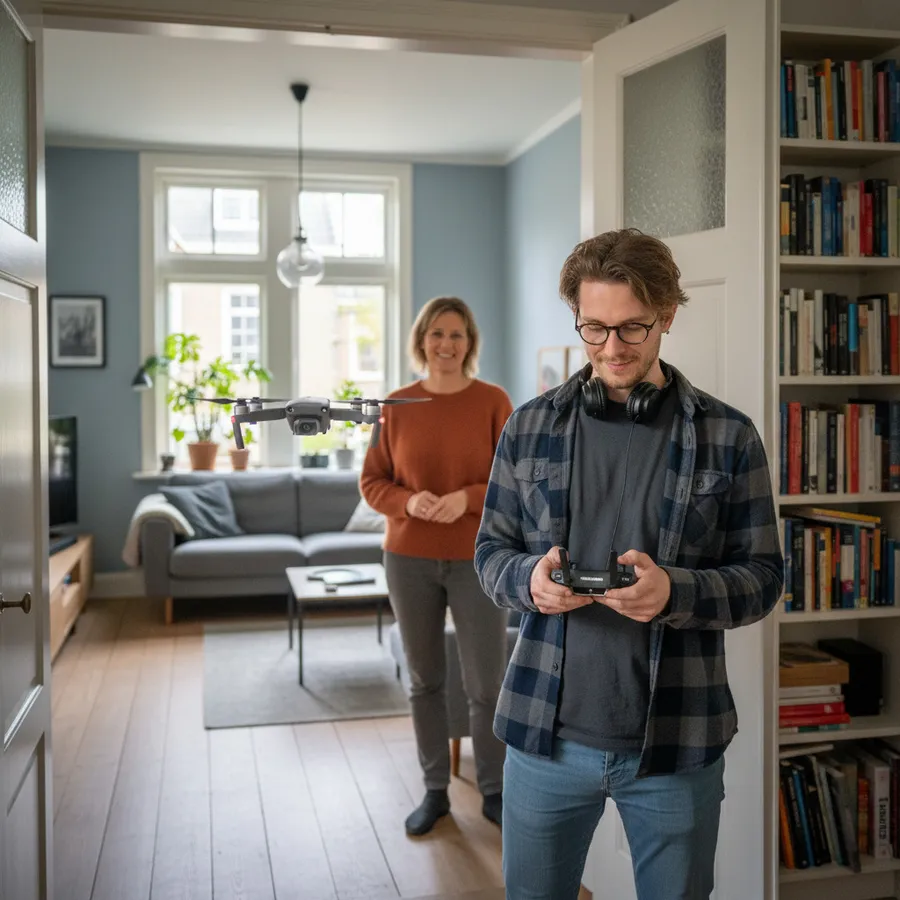 Een dronepiloot laat een kleine drone door een woonkamer vliegen terwijl de bewoner toekijkt.