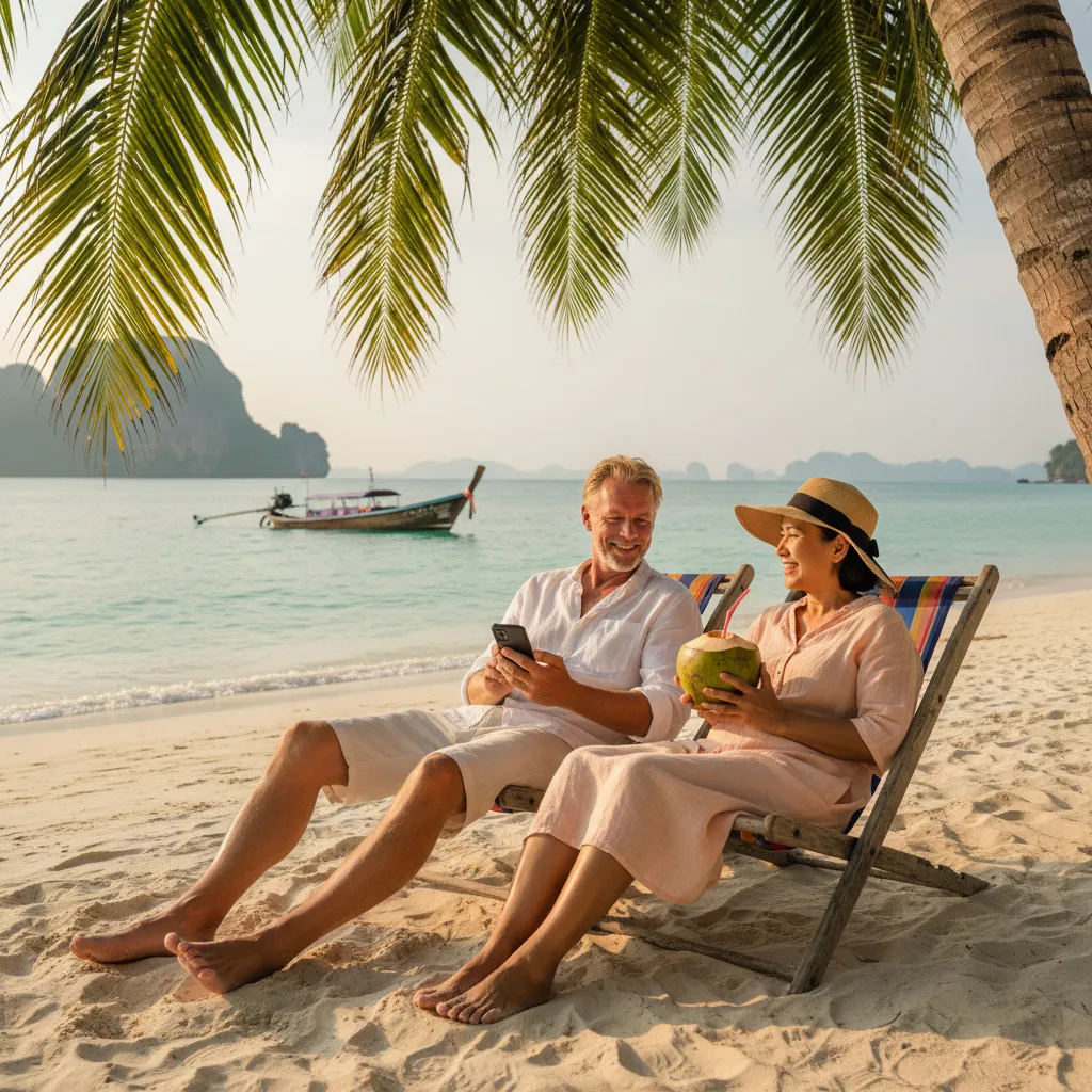 Een stel zit ontspannen op een Thais strand; hij leest tevreden een bericht op zijn telefoon, zij drinkt uit een kokosnoot.