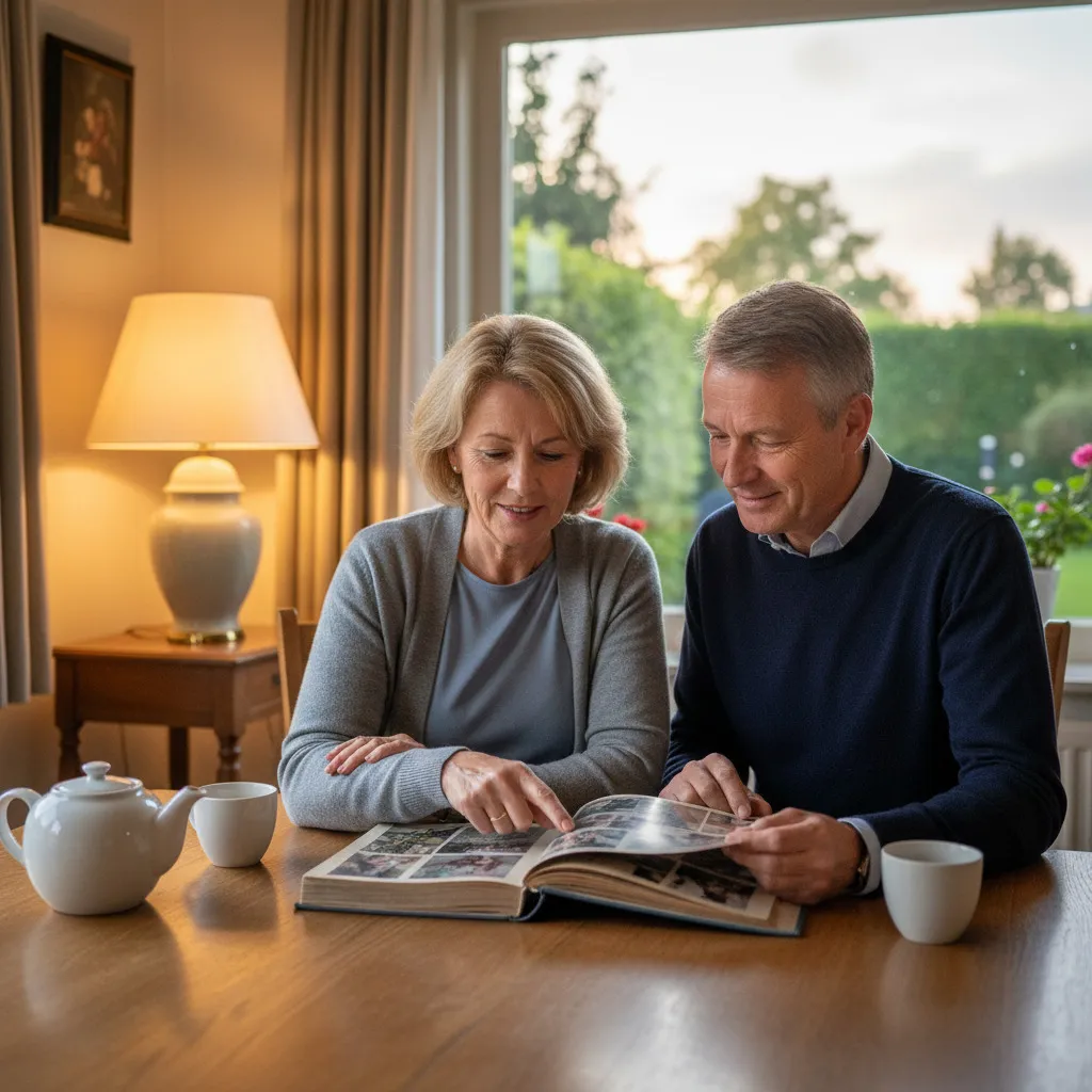 Een broer en zus bladeren samen door een oud fotoalbum aan de keukentafel in het ouderlijk huis.