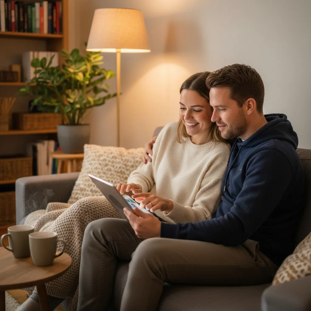 Een stel zit op de bank en bekijkt samen woningen op een tablet.