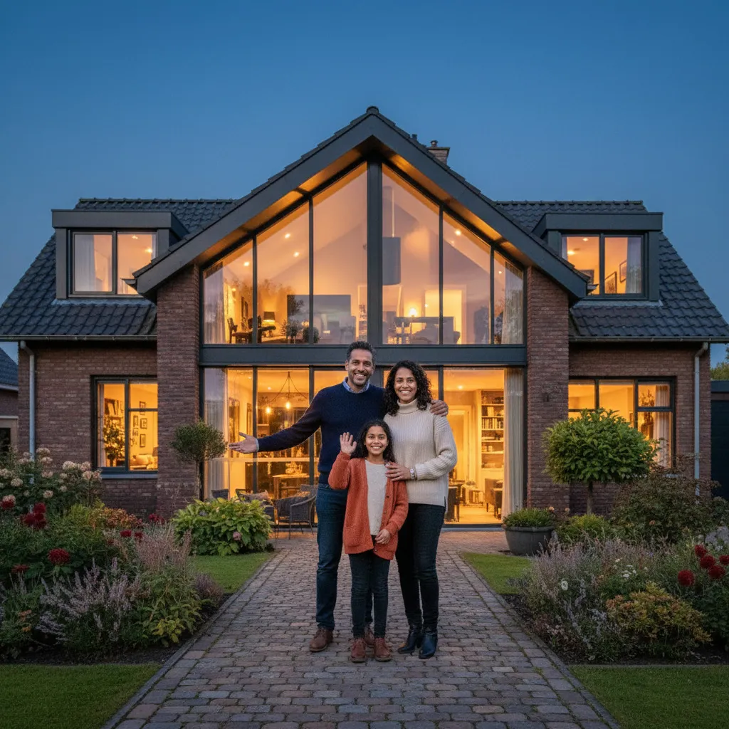 Een gezin staat trots voor hun huis in de avondschemering; de vader wijst uitnodigend naar het huis en de dochter zwaait.