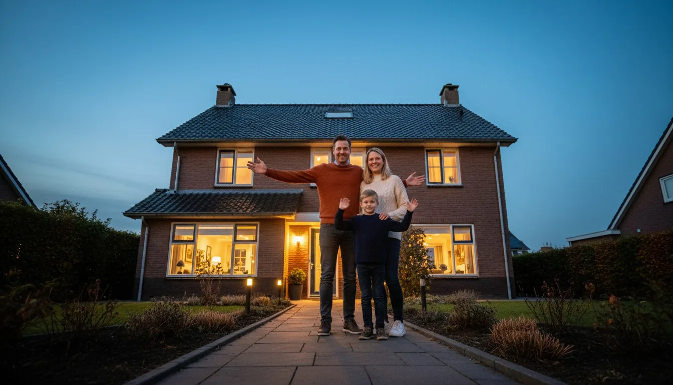Een gezin staat trots voor hun vrijstaande huis in de avondschemering; de vader wijst uitnodigend naar het huis.