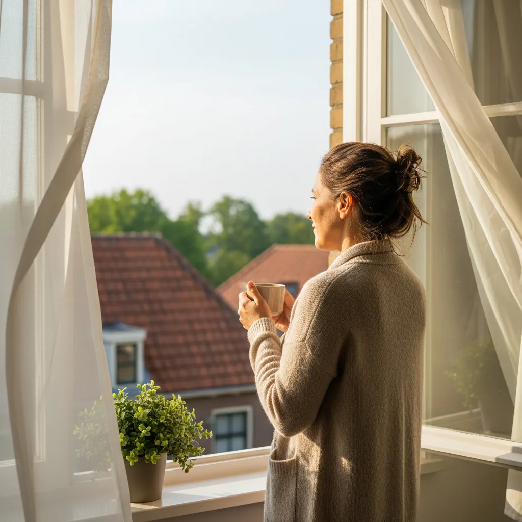 Een vrouw staat met een kop thee bij het open raam en kijkt rustig naar buiten in het ochtendlicht.