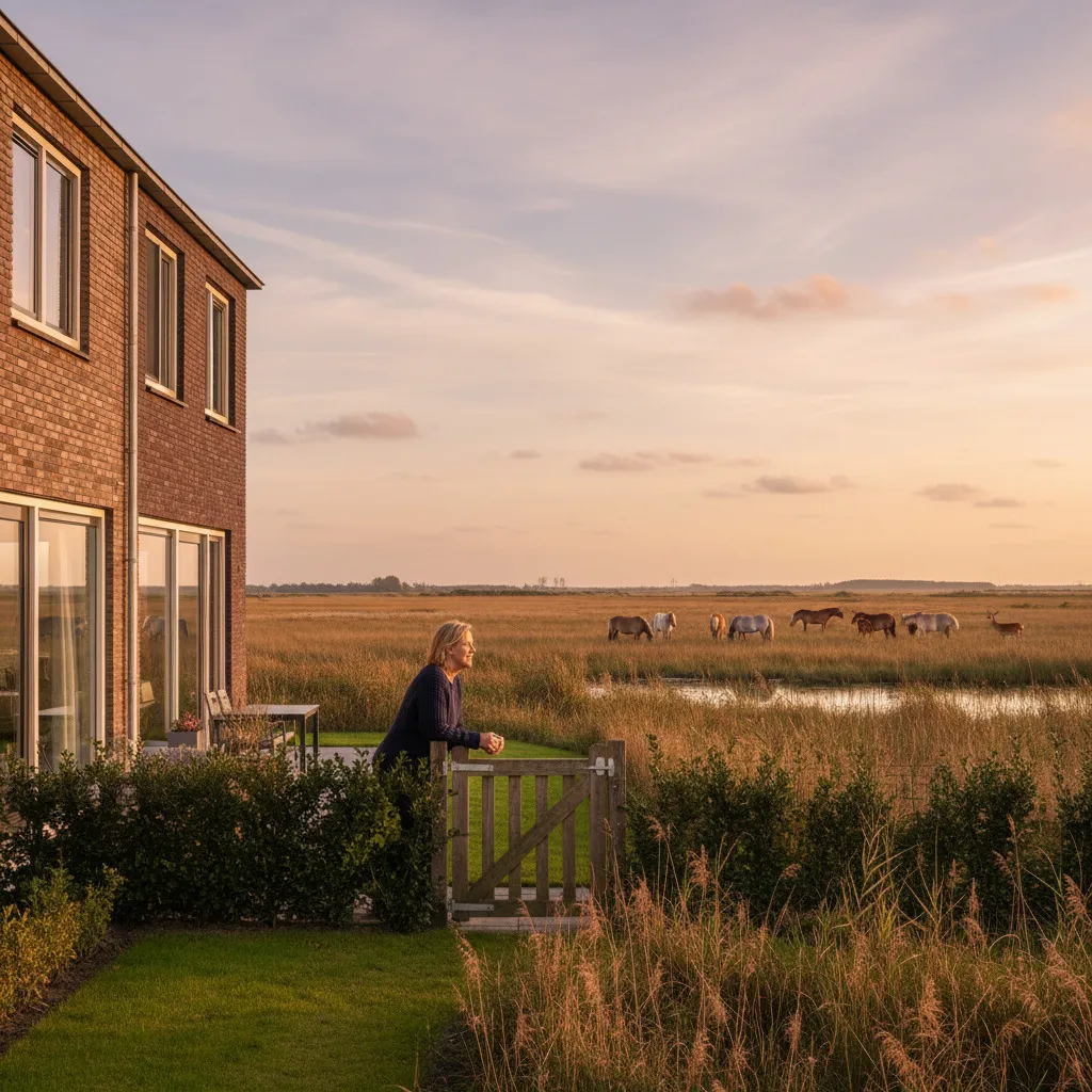 Een vrouw leunt bij haar huis over het tuinhek en kijkt uit over de Oostvaardersplassen, waar paarden en een hert grazen.