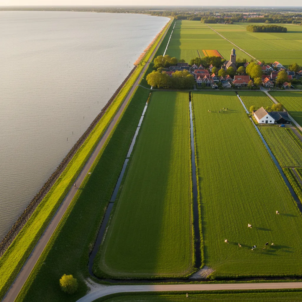 Vanuit de lucht: een Fries dorpje met kerktoren aan de voet van de dijk langs het IJsselmeer, met weilanden, rechte sloten en grazende koeien in het avondlicht.