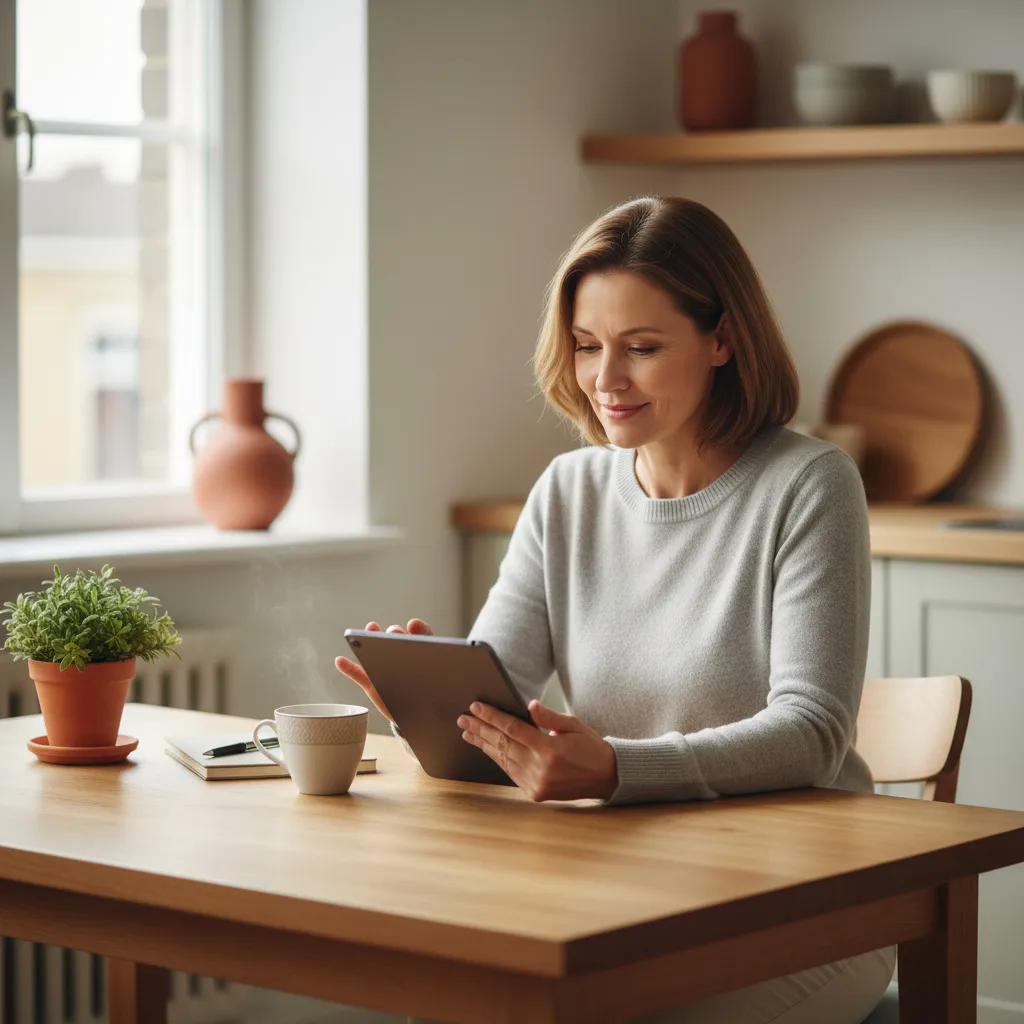 Een vrouw zit rustig aan de keukentafel met een kop thee en handelt op haar tablet haar deel van de verkoop af.