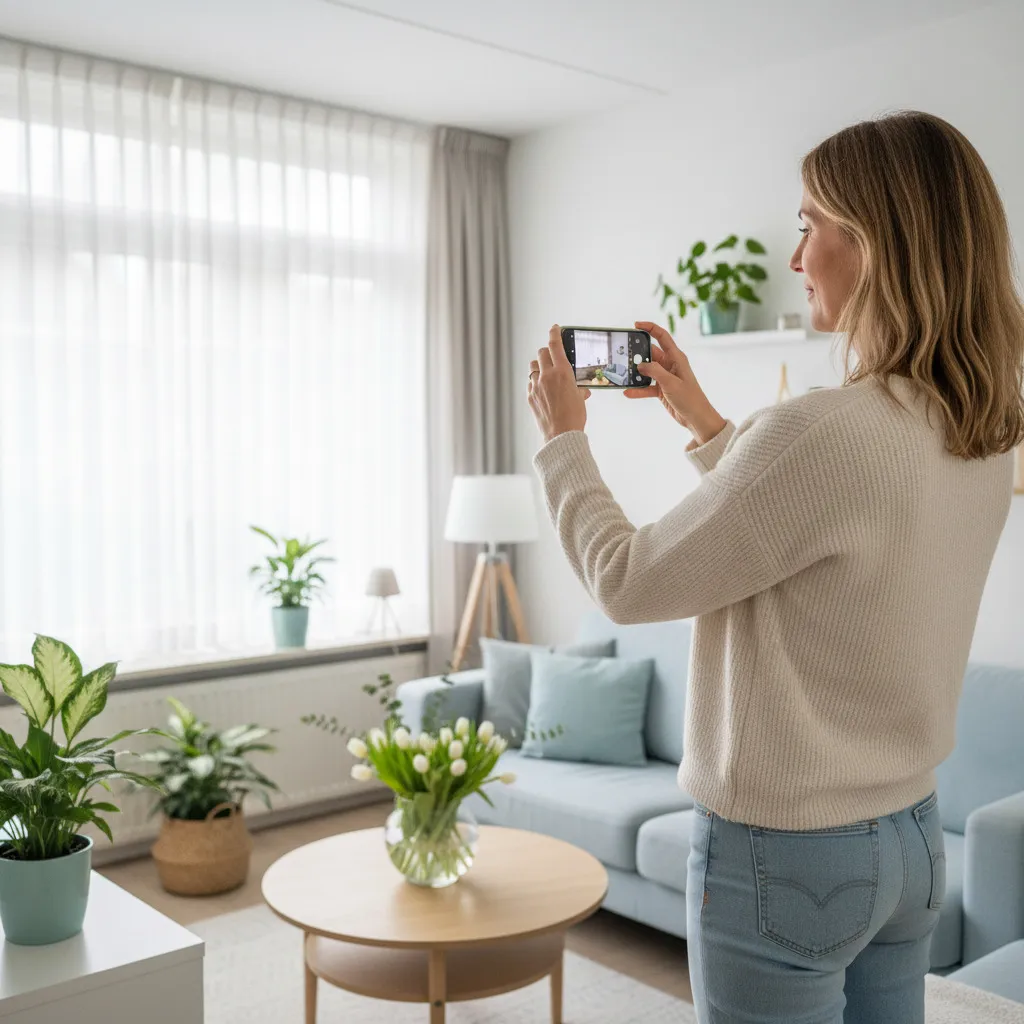 Een vrouw fotografeert haar lichte woonkamer met haar telefoon, die ze liggend houdt.