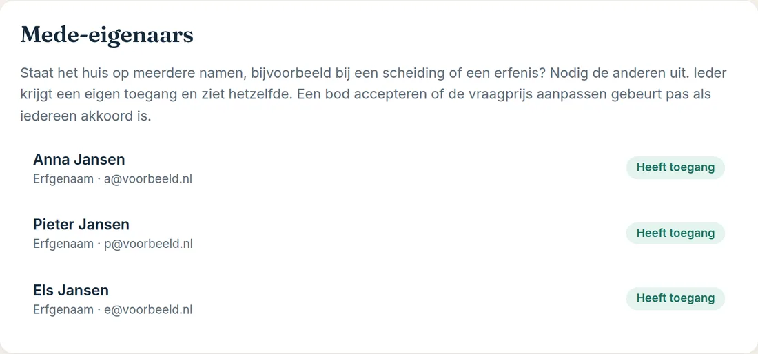 Voorbeeld: lijst mede-eigenaars met drie erfgenamen, ieder met eigen toegang.