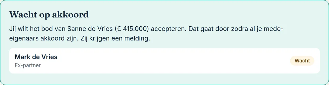 Voorbeeld: scherm Wacht op akkoord. Jij wilt het bod van Sanne de Vries accepteren; Mark de Vries, ex-partner, staat nog op wacht.