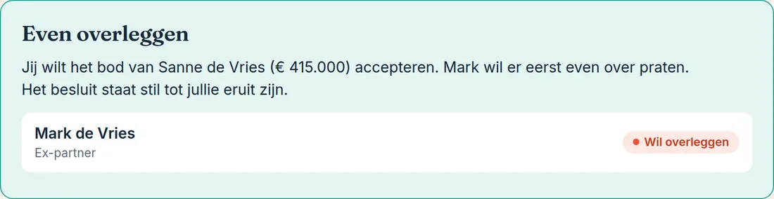 Voorbeeld: scherm Even overleggen. Mark wil er eerst even over praten; het besluit staat stil.