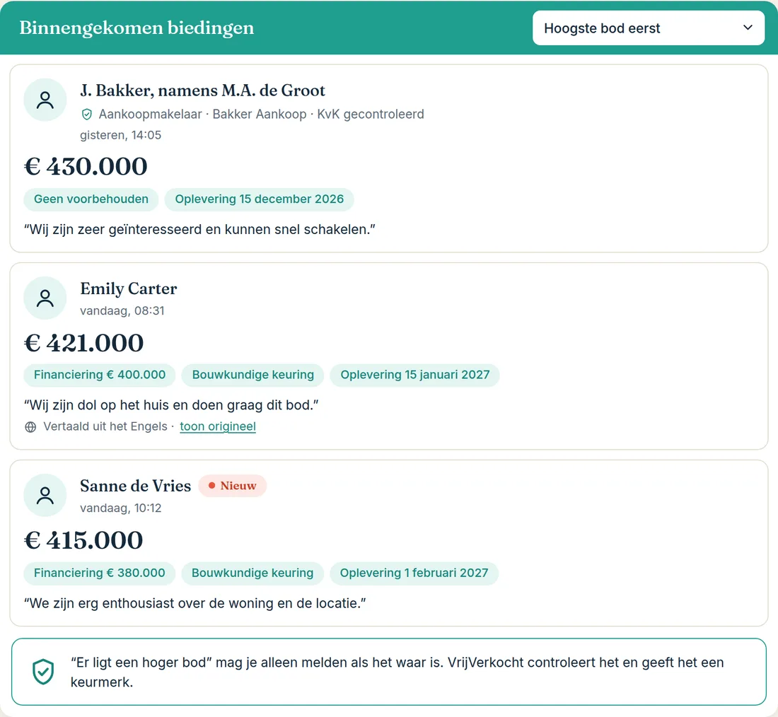 Voorbeeld van de biedingen bij de verkoper: drie biedingen met bedrag, voorwaarden en een bericht, een daarvan vertaald uit het Engels.